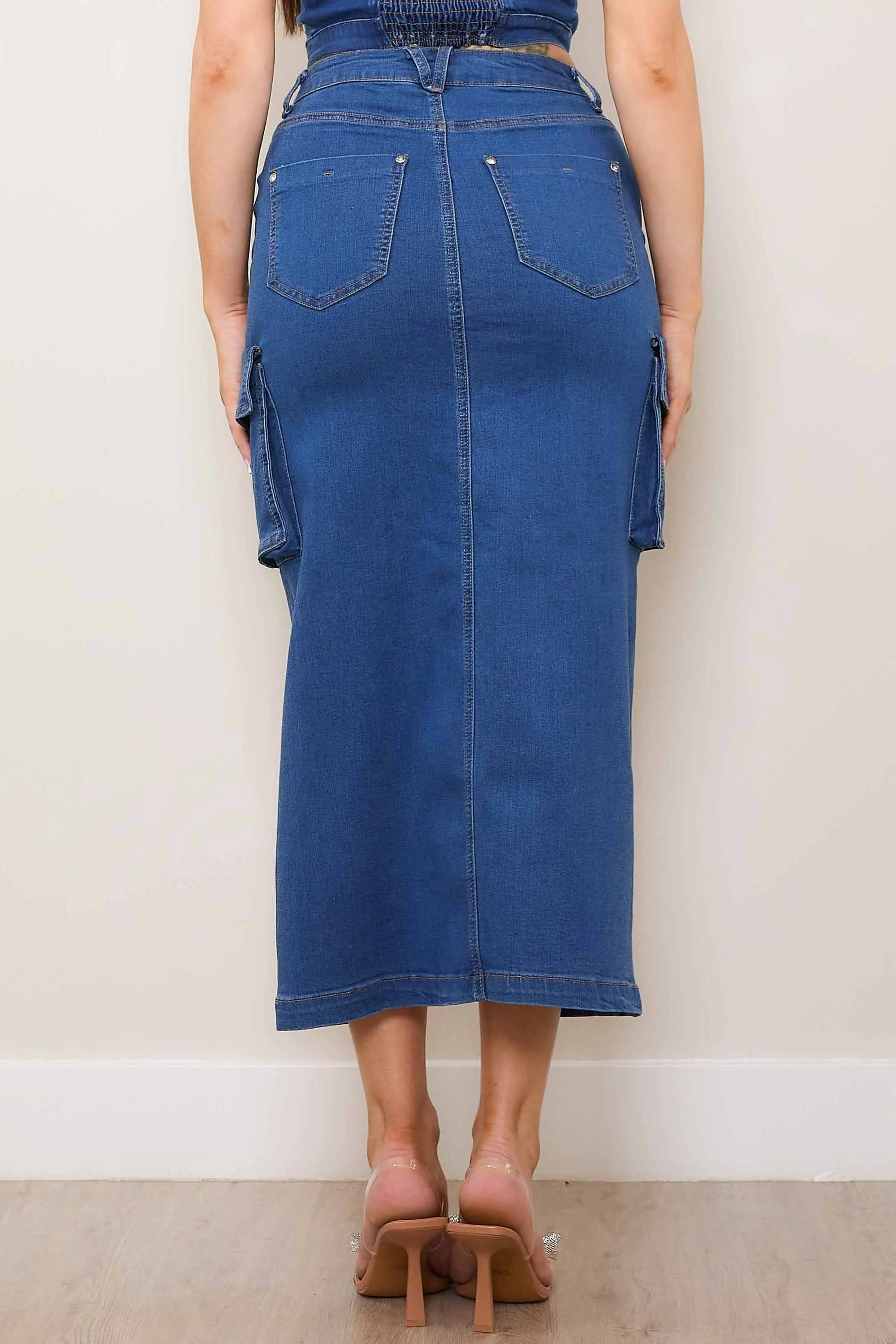 Denim Cargo Column Skirt