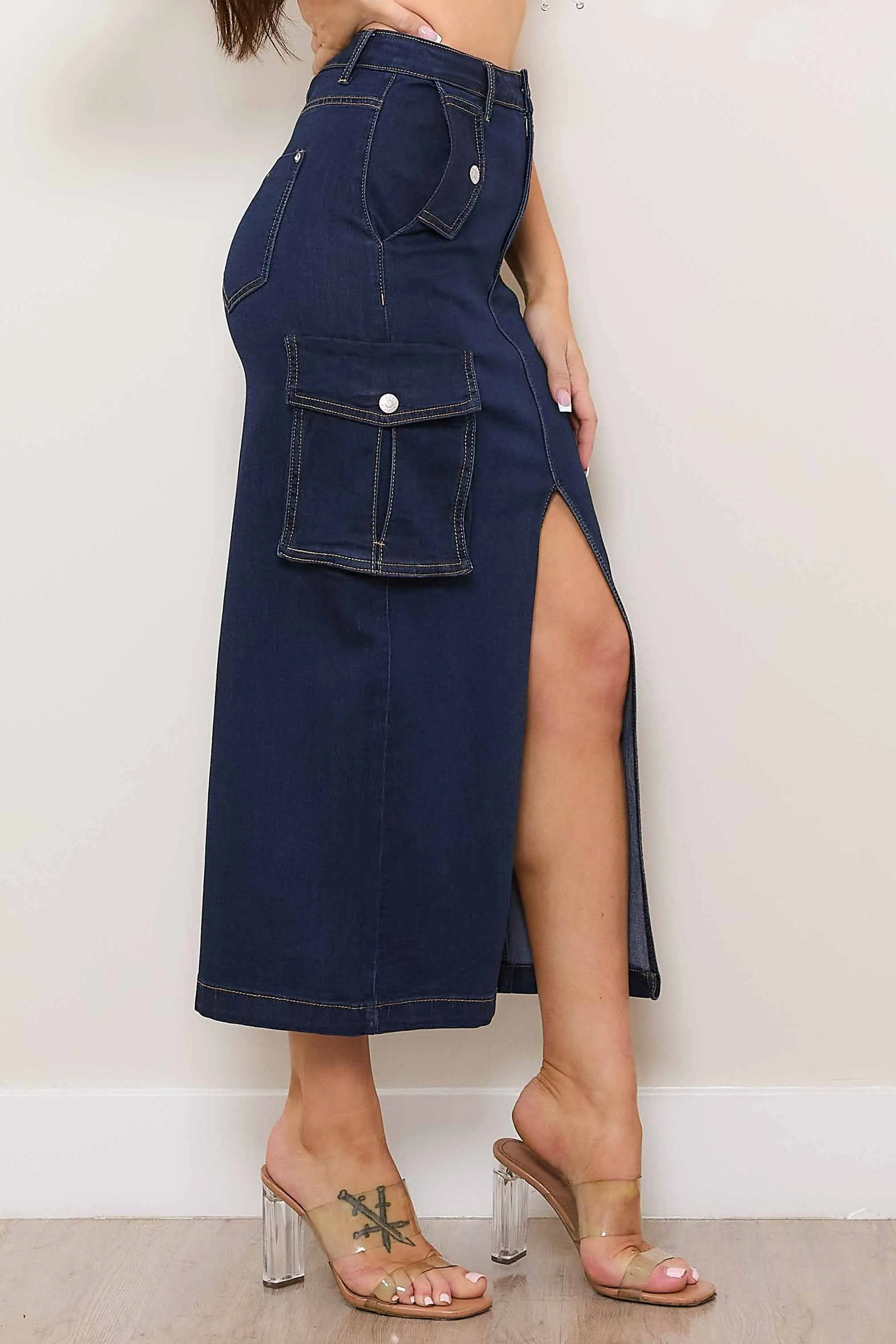 Denim Cargo Column Skirt
