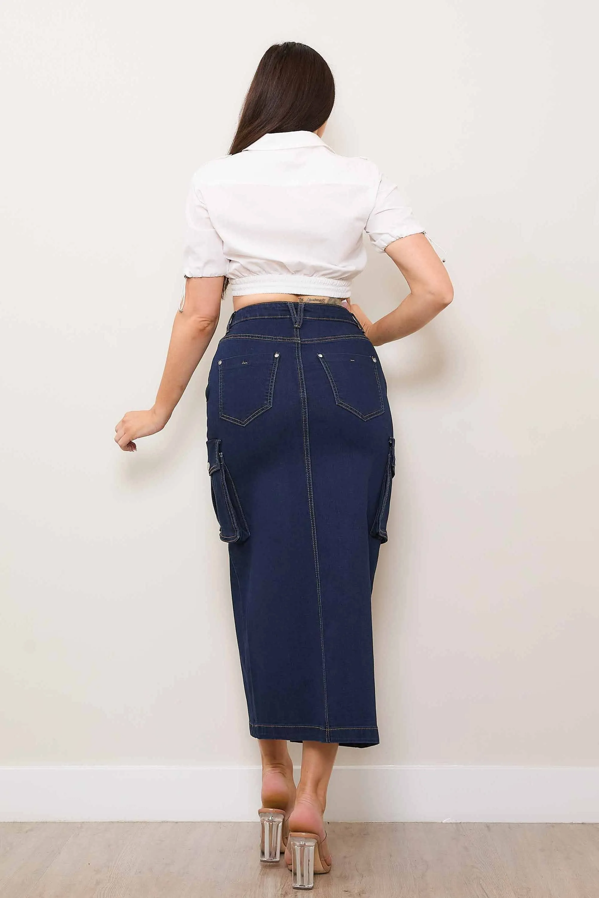 Denim Cargo Column Skirt