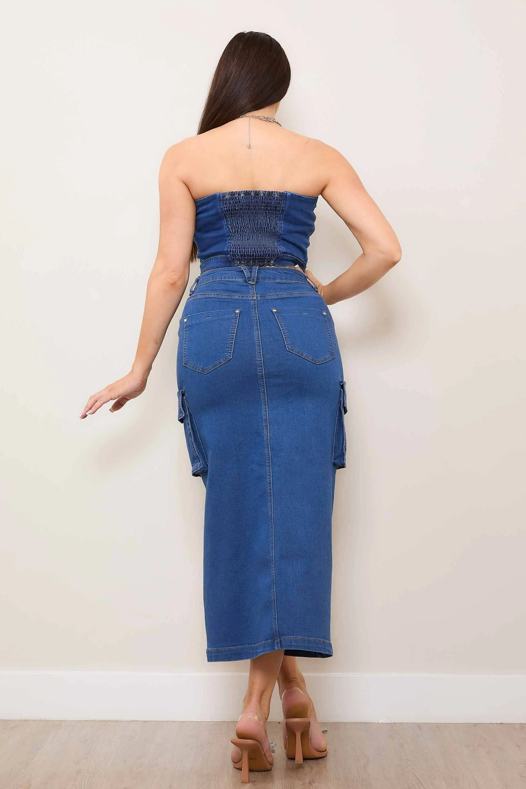 Denim Cargo Column Skirt