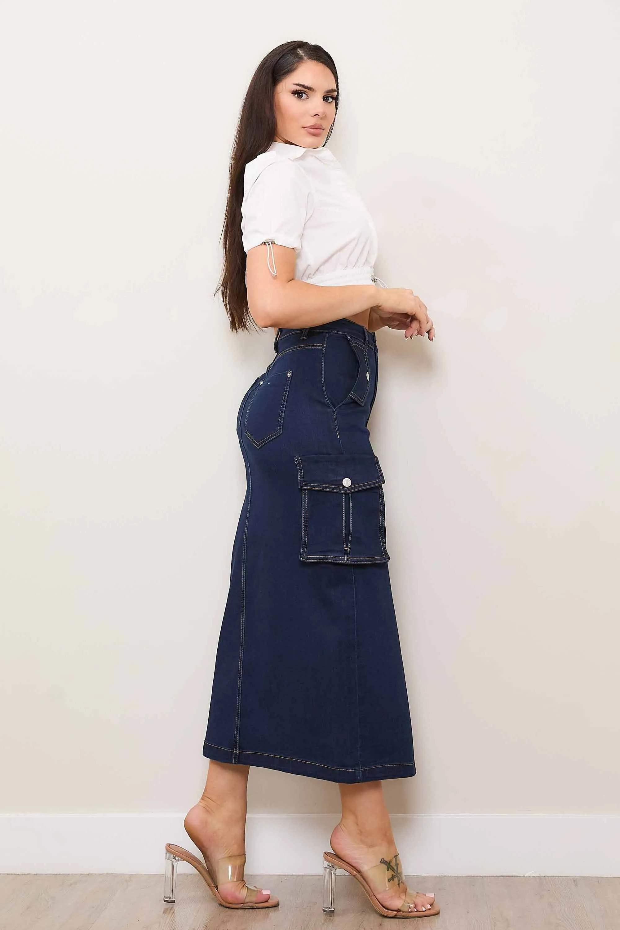 Denim Cargo Column Skirt