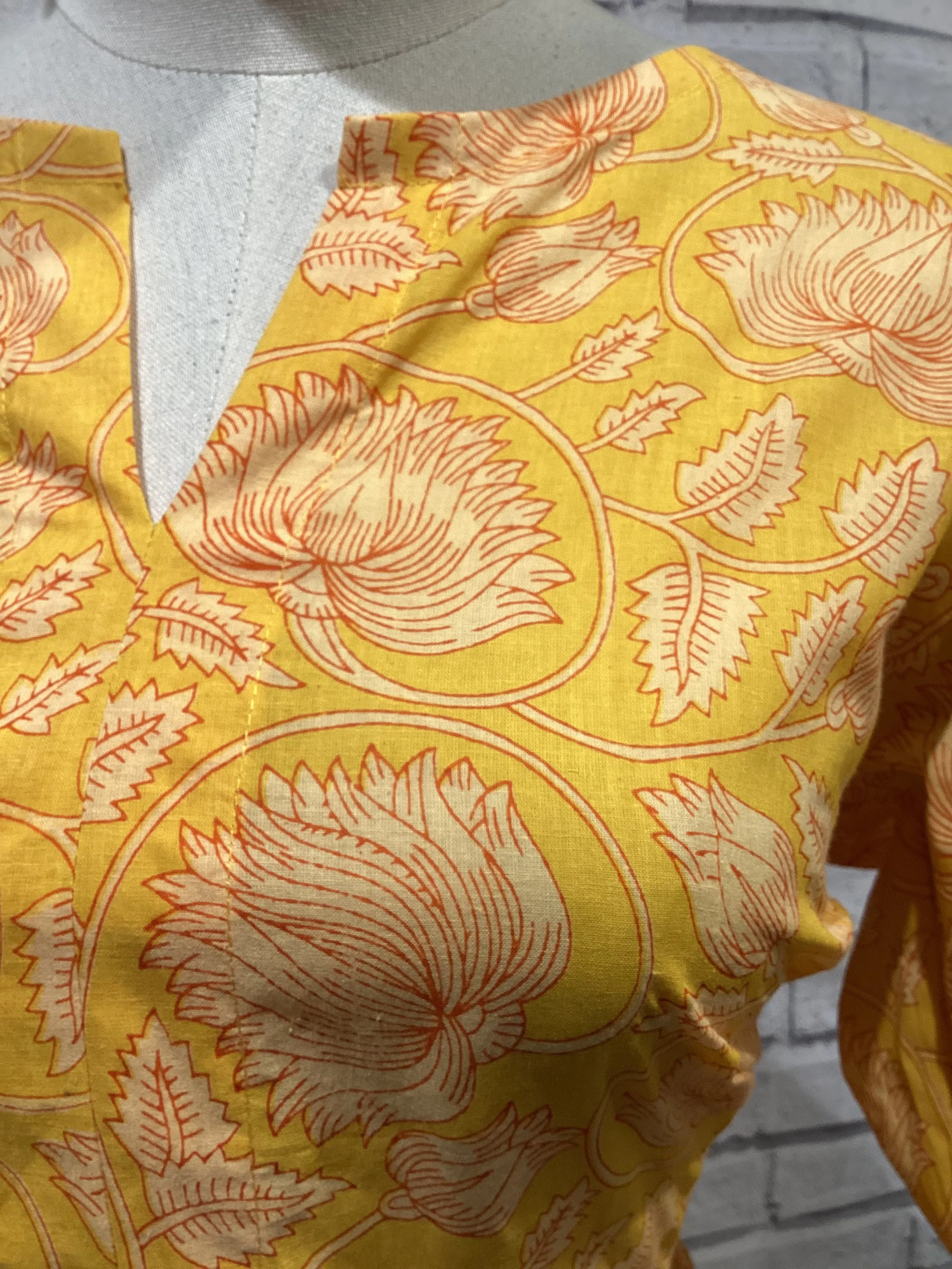 Drawstring Dress in Yellow Floral Scrolling Pattern