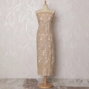 Elegant Beige Blended Cotton Fabric with White and Gold Embroidery - Last Piece of 3.0 Meters, 110 cm Width-D19772