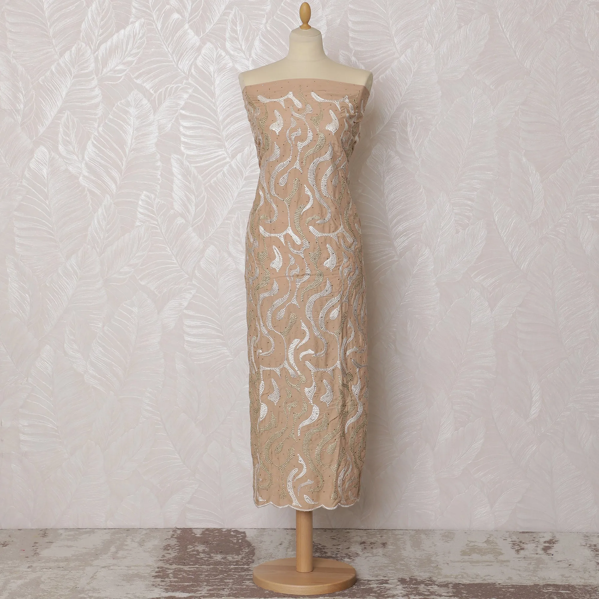 Elegant Beige Blended Cotton Fabric with White and Gold Embroidery - Last Piece of 3.0 Meters, 110 cm Width-D19772