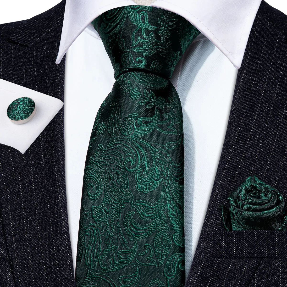 Elegant Dark Green Paisley Silk Tie Set with Pocket Square and Cufflinks