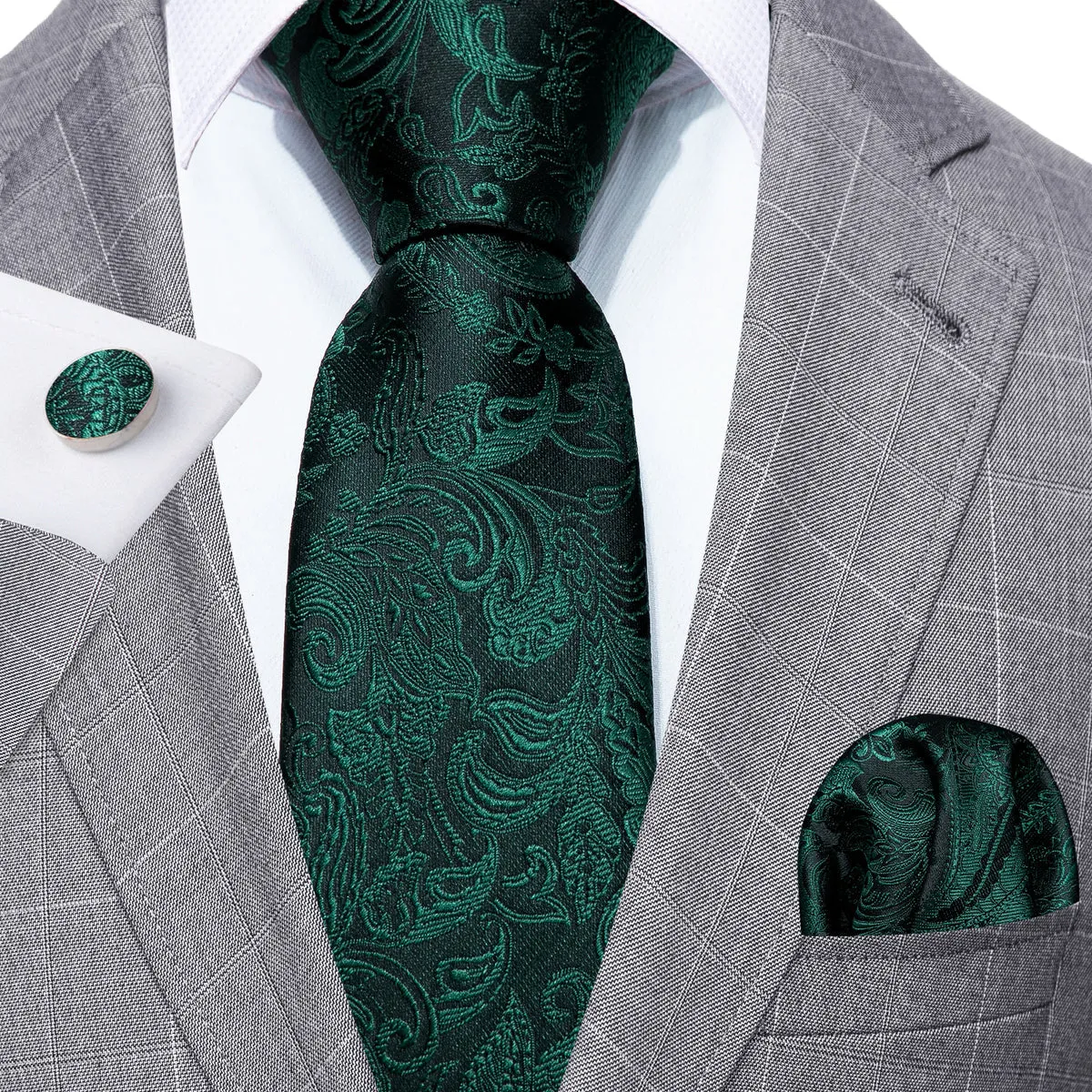 Elegant Dark Green Paisley Silk Tie Set with Pocket Square and Cufflinks