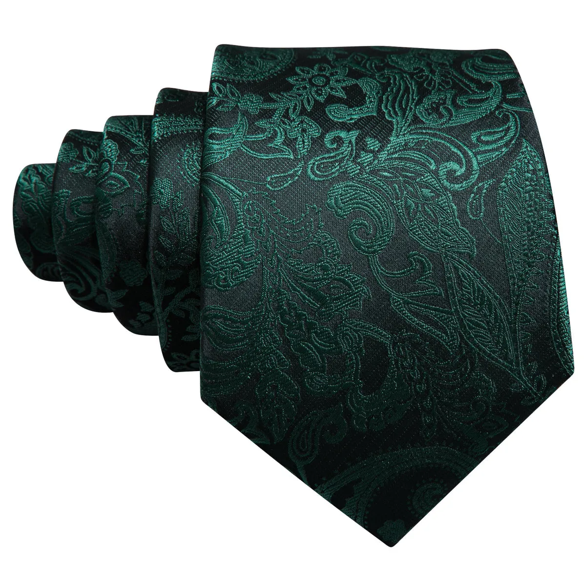 Elegant Dark Green Paisley Silk Tie Set with Pocket Square and Cufflinks