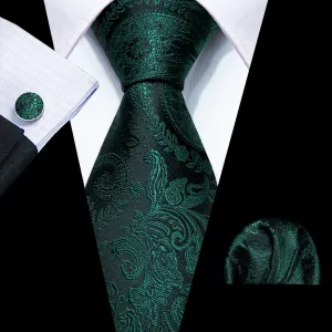 Elegant Dark Green Paisley Silk Tie Set with Pocket Square and Cufflinks