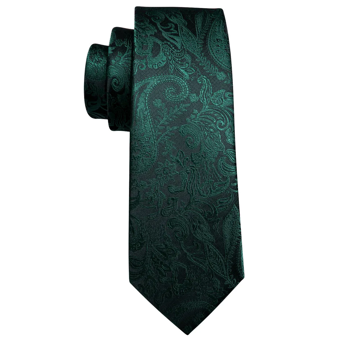 Elegant Dark Green Paisley Silk Tie Set with Pocket Square and Cufflinks
