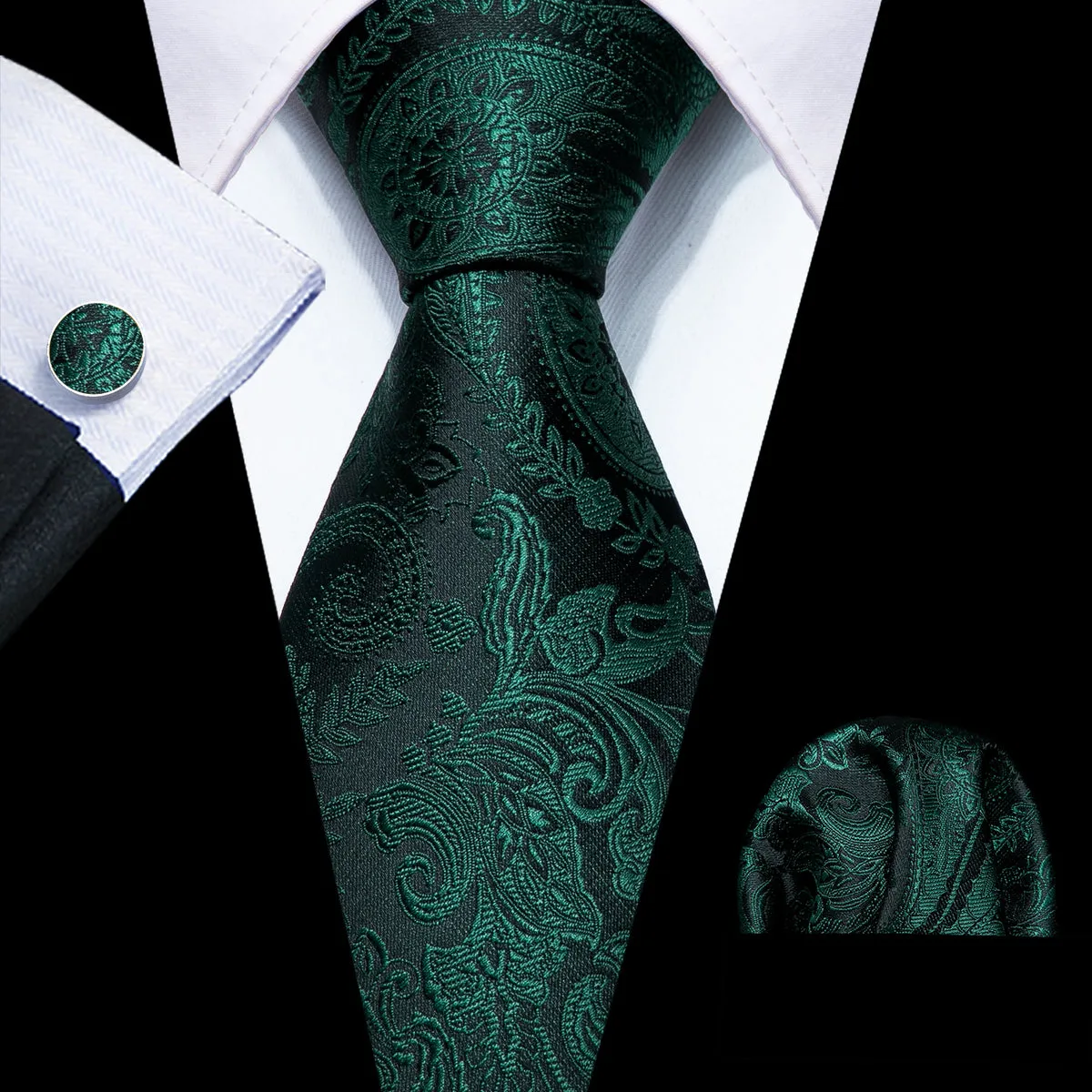 Elegant Dark Green Paisley Silk Tie Set with Pocket Square and Cufflinks