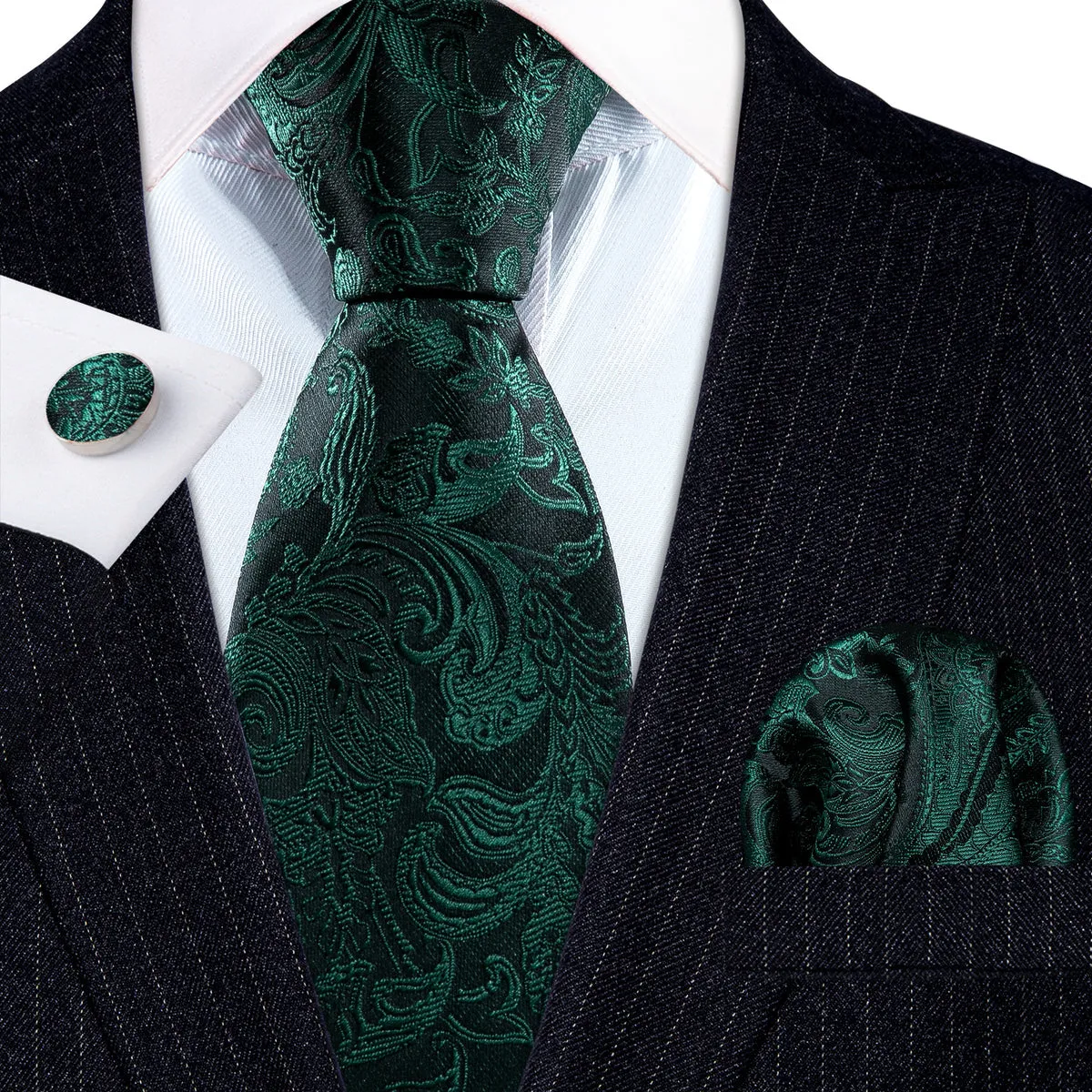 Elegant Dark Green Paisley Silk Tie Set with Pocket Square and Cufflinks