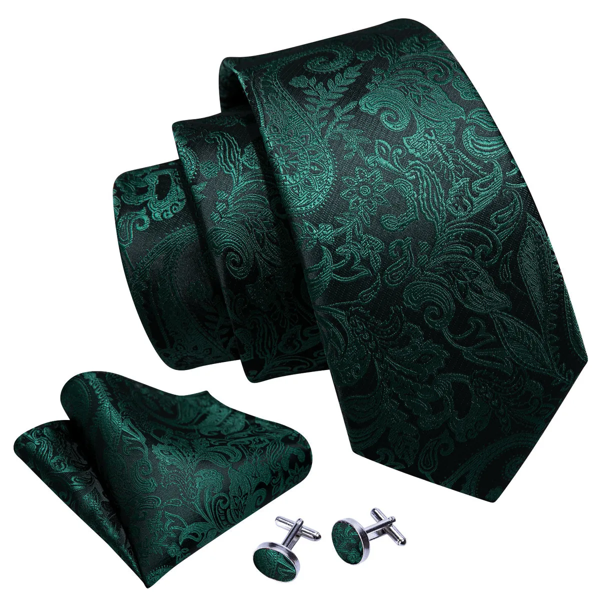 Elegant Dark Green Paisley Silk Tie Set with Pocket Square and Cufflinks