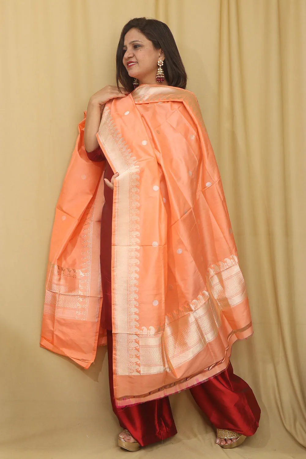 Elegant Peach Banarasi Handloom Pure Katan Silk Dupatta