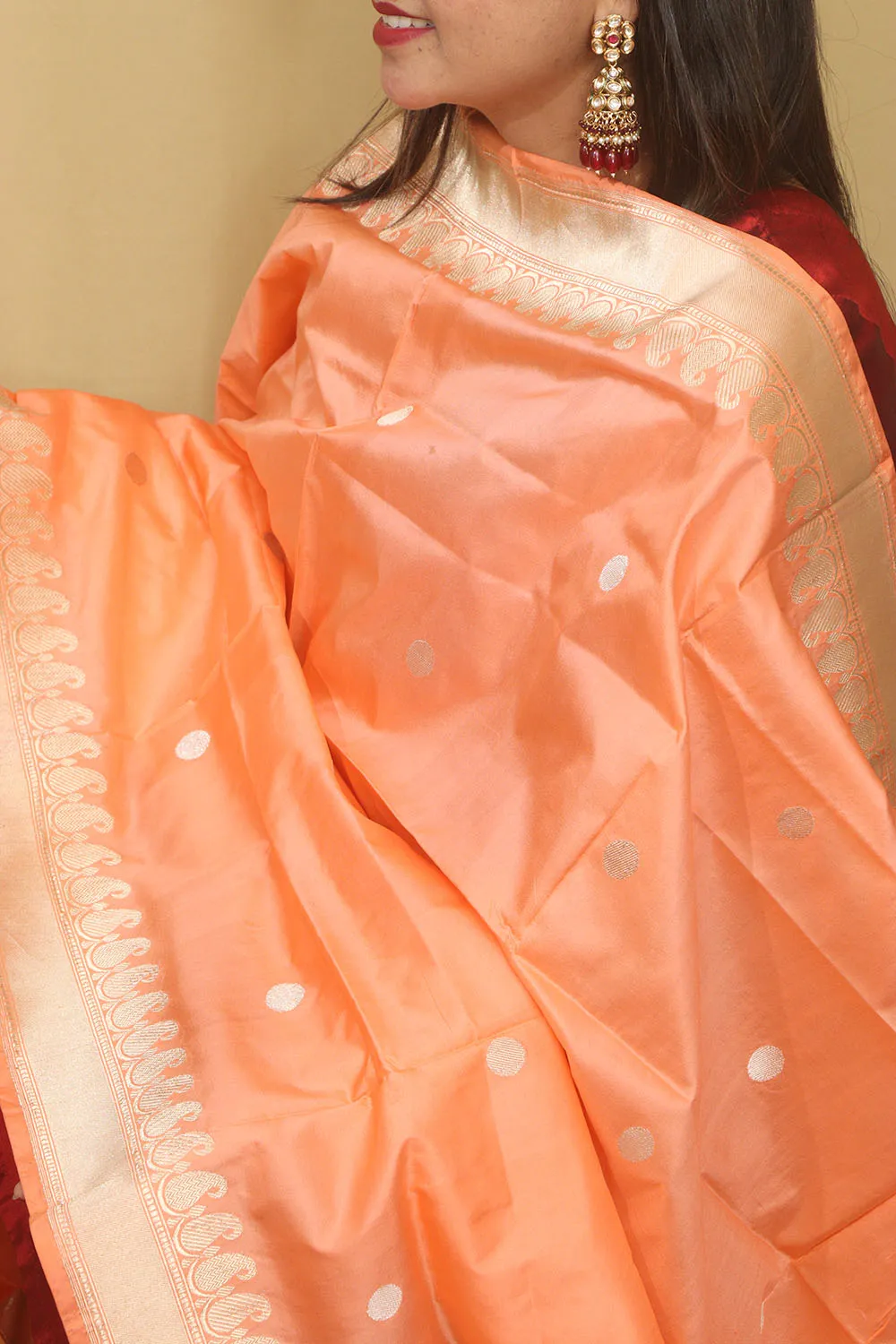 Elegant Peach Banarasi Handloom Pure Katan Silk Dupatta
