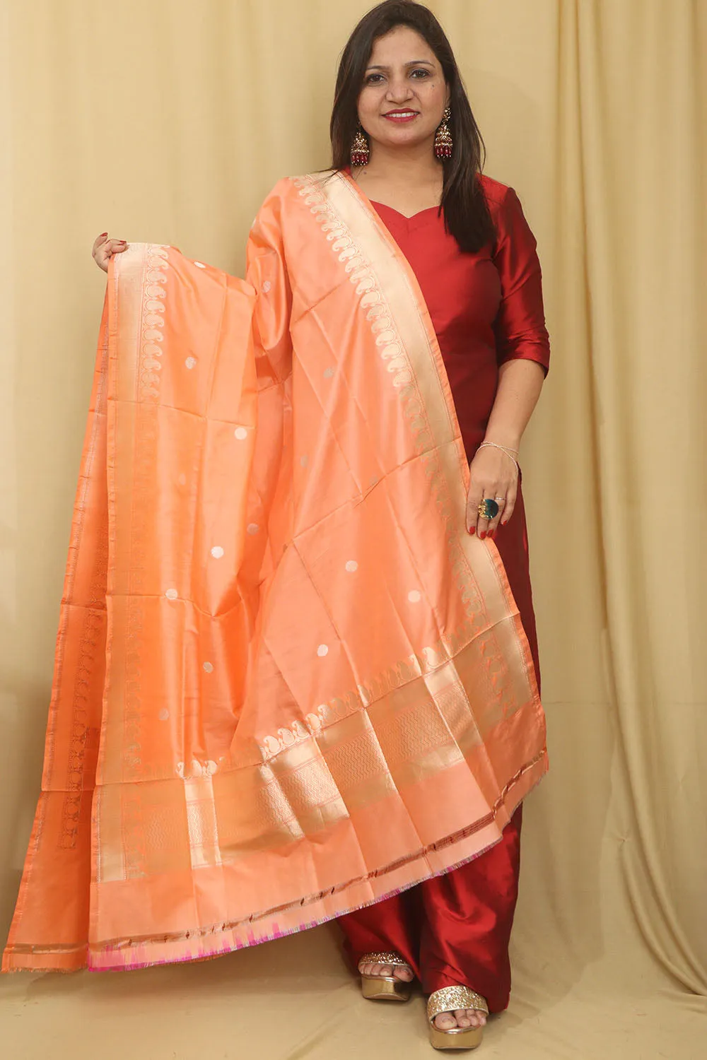 Elegant Peach Banarasi Handloom Pure Katan Silk Dupatta