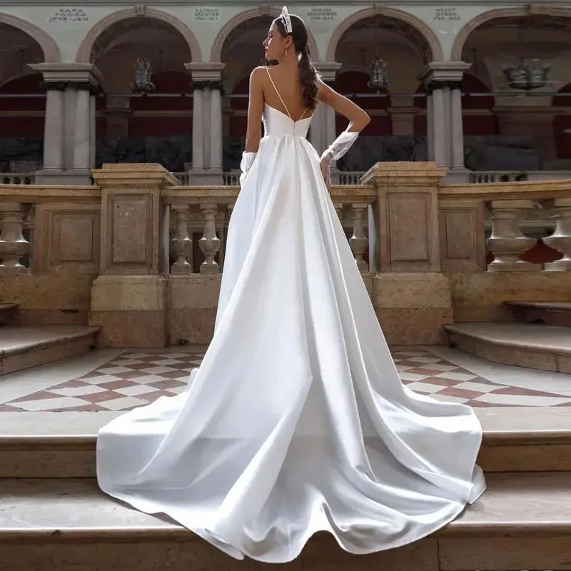 Elegant Satin Deep V-neck A-line Wedding Dress