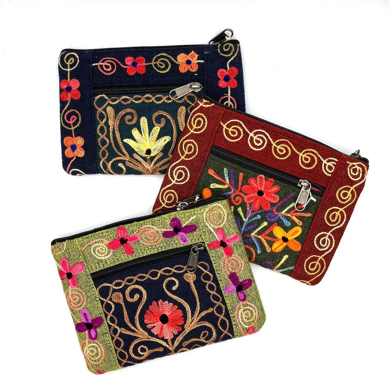 Embroidered Floral 2-Zip Accessory Purse