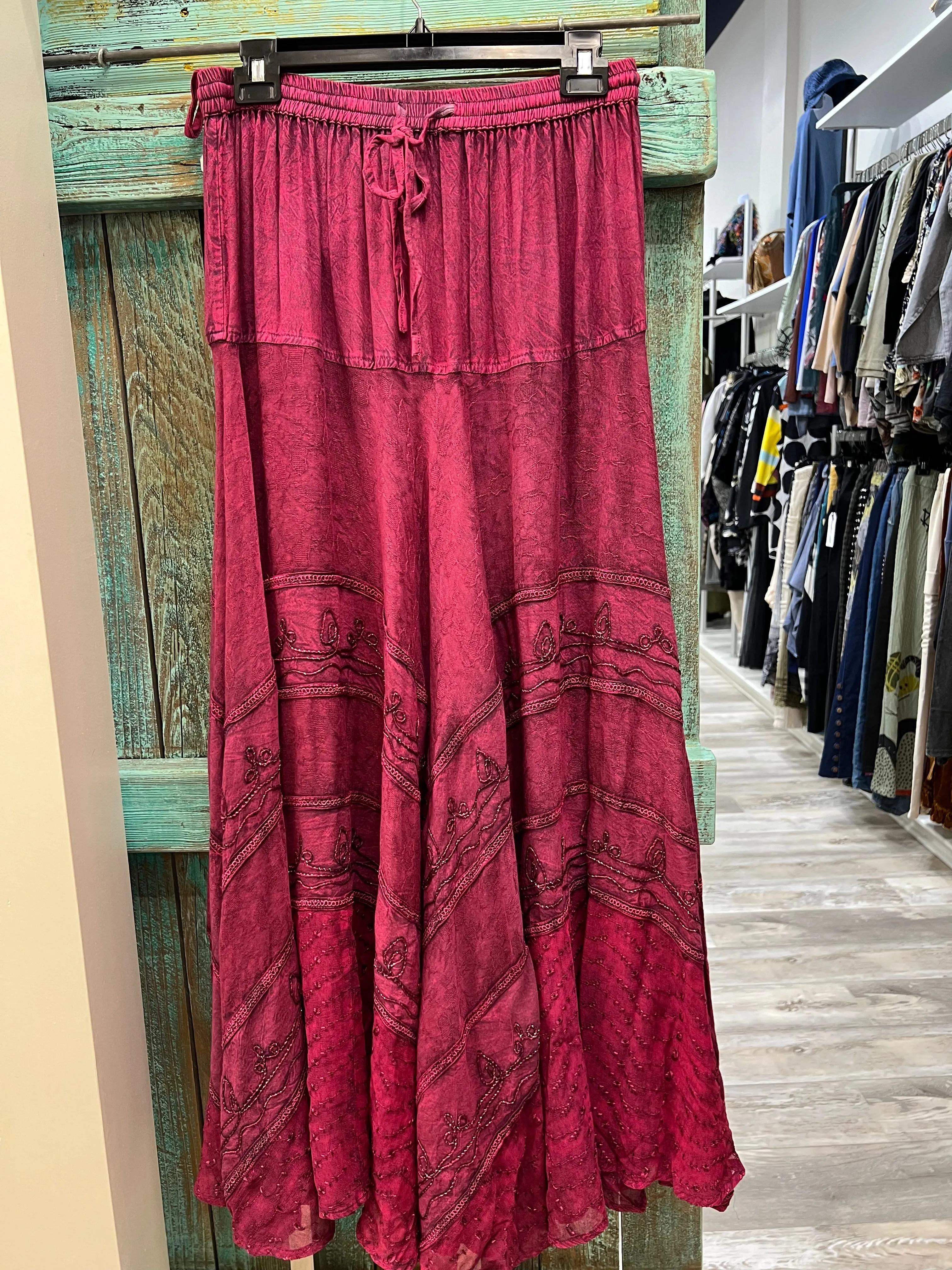 Embroidered Maxi Skirt w/Chiffon in Magenta