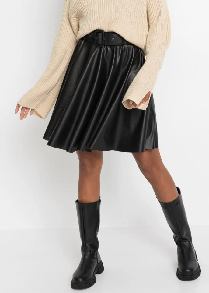 Faux leather skirt with Rainbow belt, black