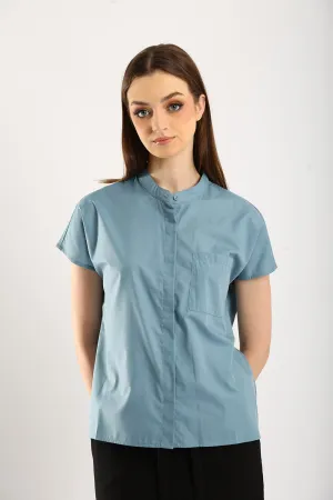 Ferrey Mandarin Collar Top in Slate Blue
