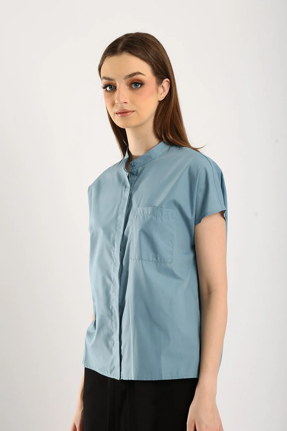 Ferrey Mandarin Collar Top in Slate Blue