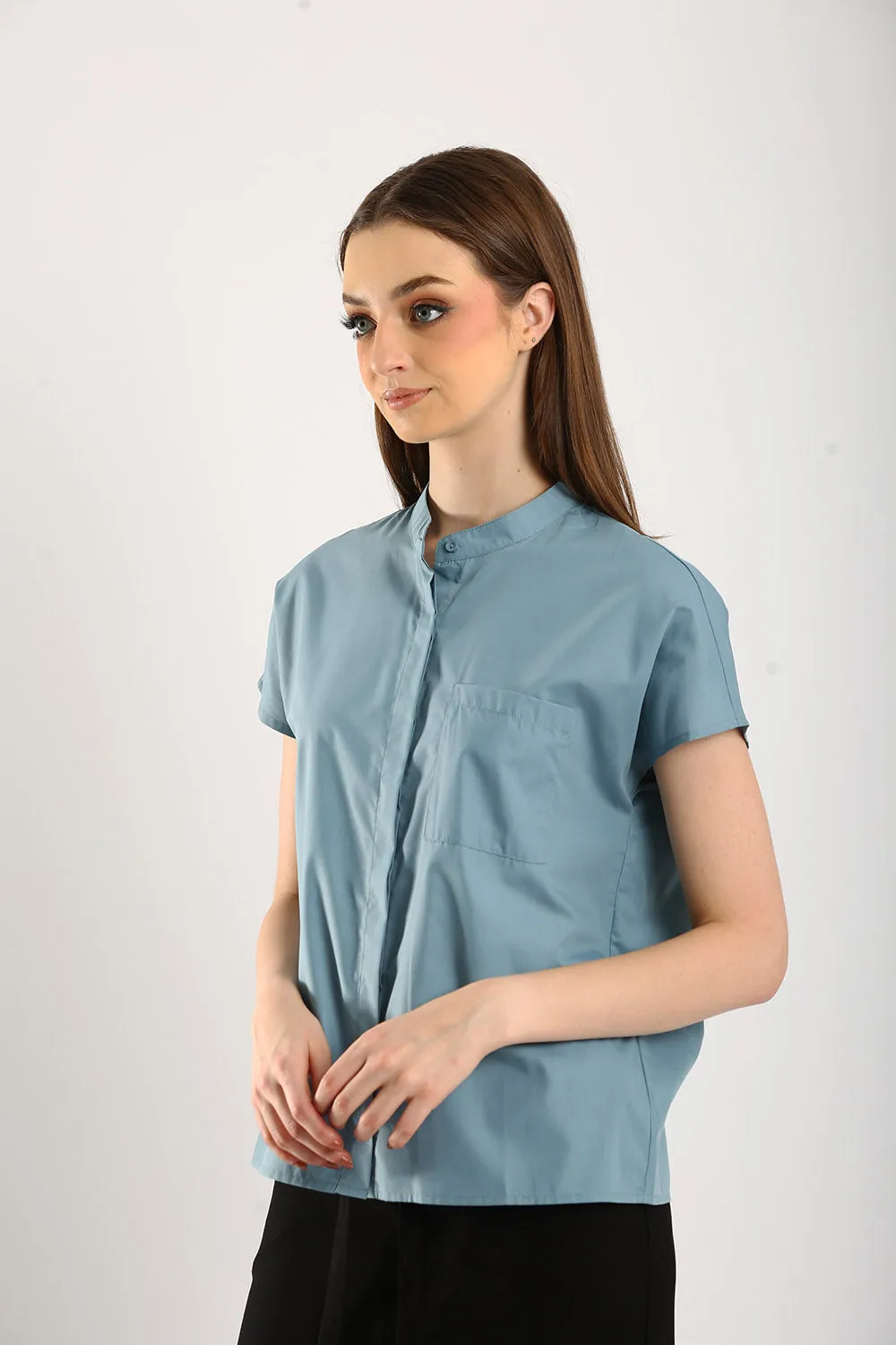 Ferrey Mandarin Collar Top in Slate Blue