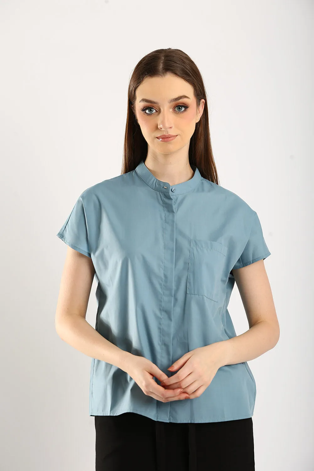 Ferrey Mandarin Collar Top in Slate Blue