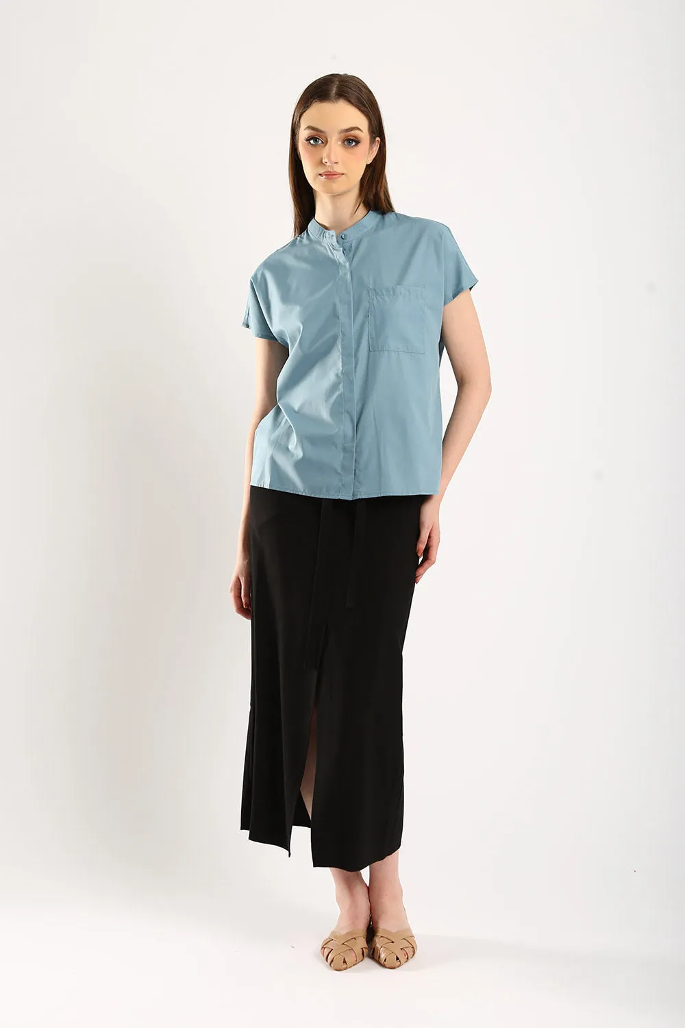 Ferrey Mandarin Collar Top in Slate Blue
