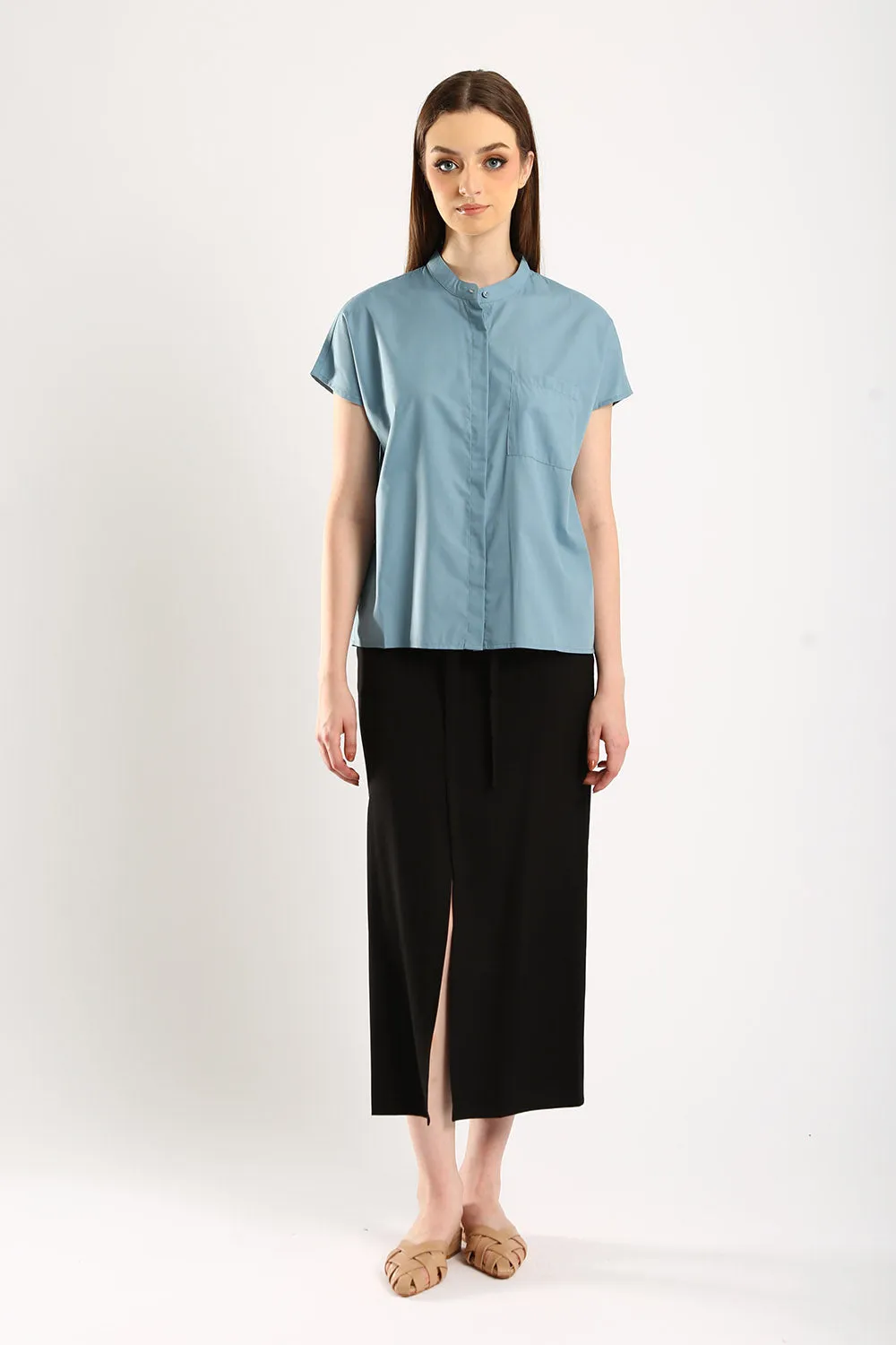Ferrey Mandarin Collar Top in Slate Blue
