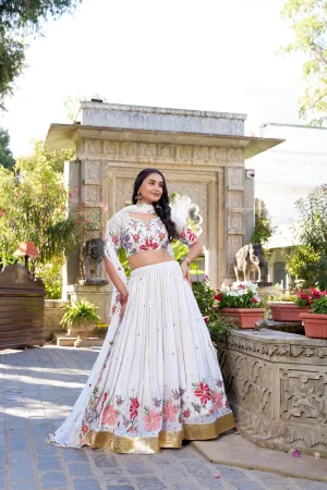 Fiery and Classic White Georgette Embroidered Lehenga Choli