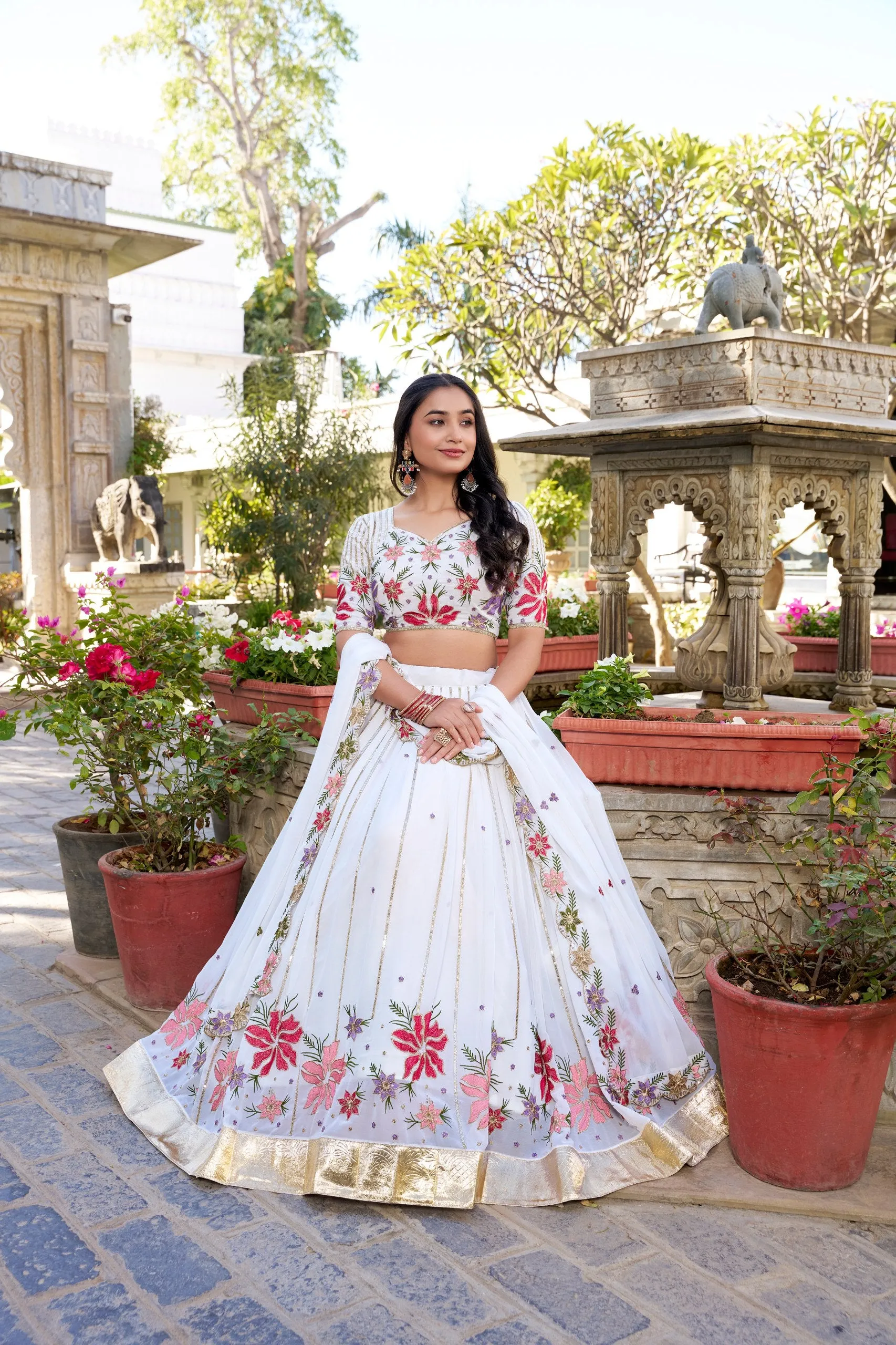 Fiery and Classic White Georgette Embroidered Lehenga Choli