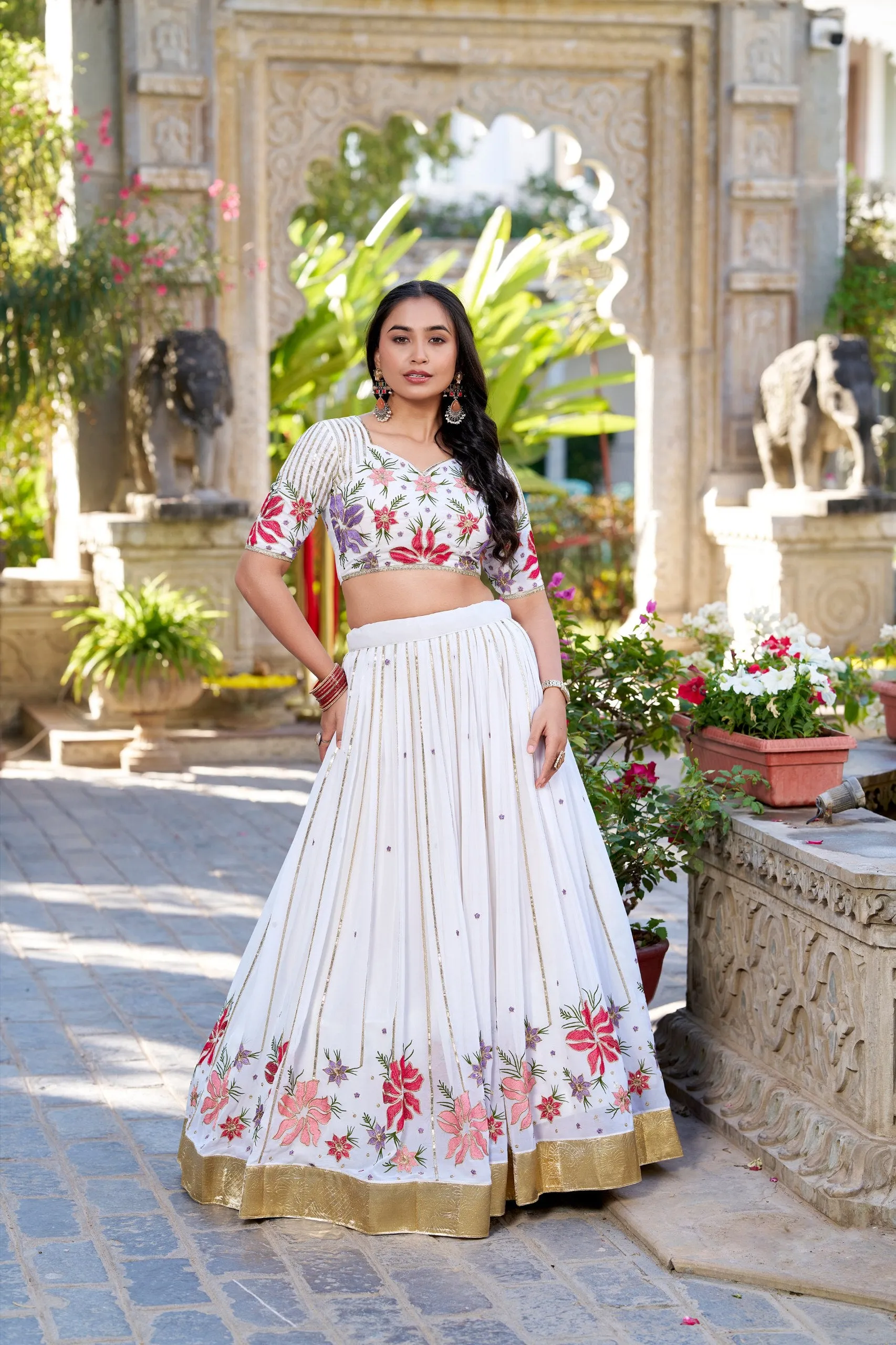 Fiery and Classic White Georgette Embroidered Lehenga Choli