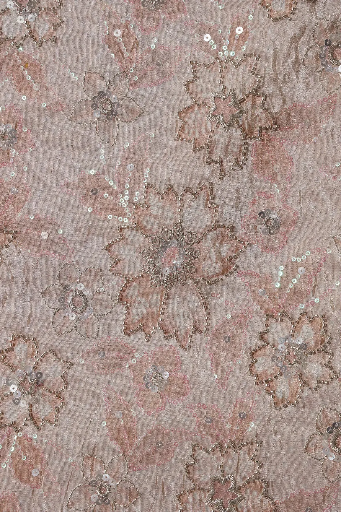 Floral Position Print On Sequins With Beads Embroidery Light Beige Viscose Zari Tissue Fabric