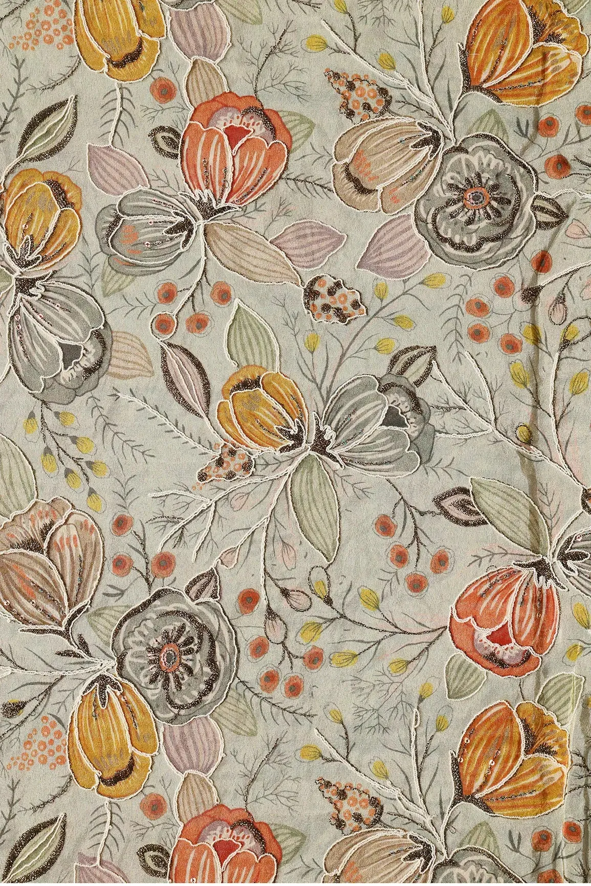 Floral Position Print On Zari Embroidery Olive Viscose Zari Tissue Fabric