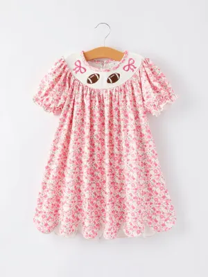 Football Smocking Bow Embroidered Girls Dress