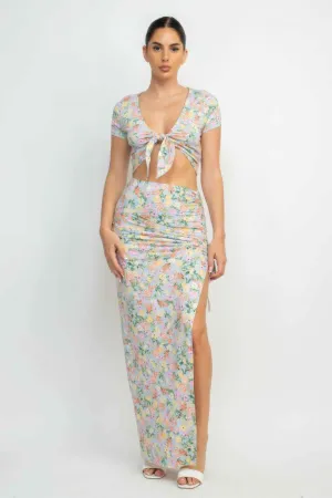 Front Knot Floral Top & Ruched Maxi Skirts Set