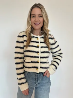 Fuzzy Striped Button Cardigan