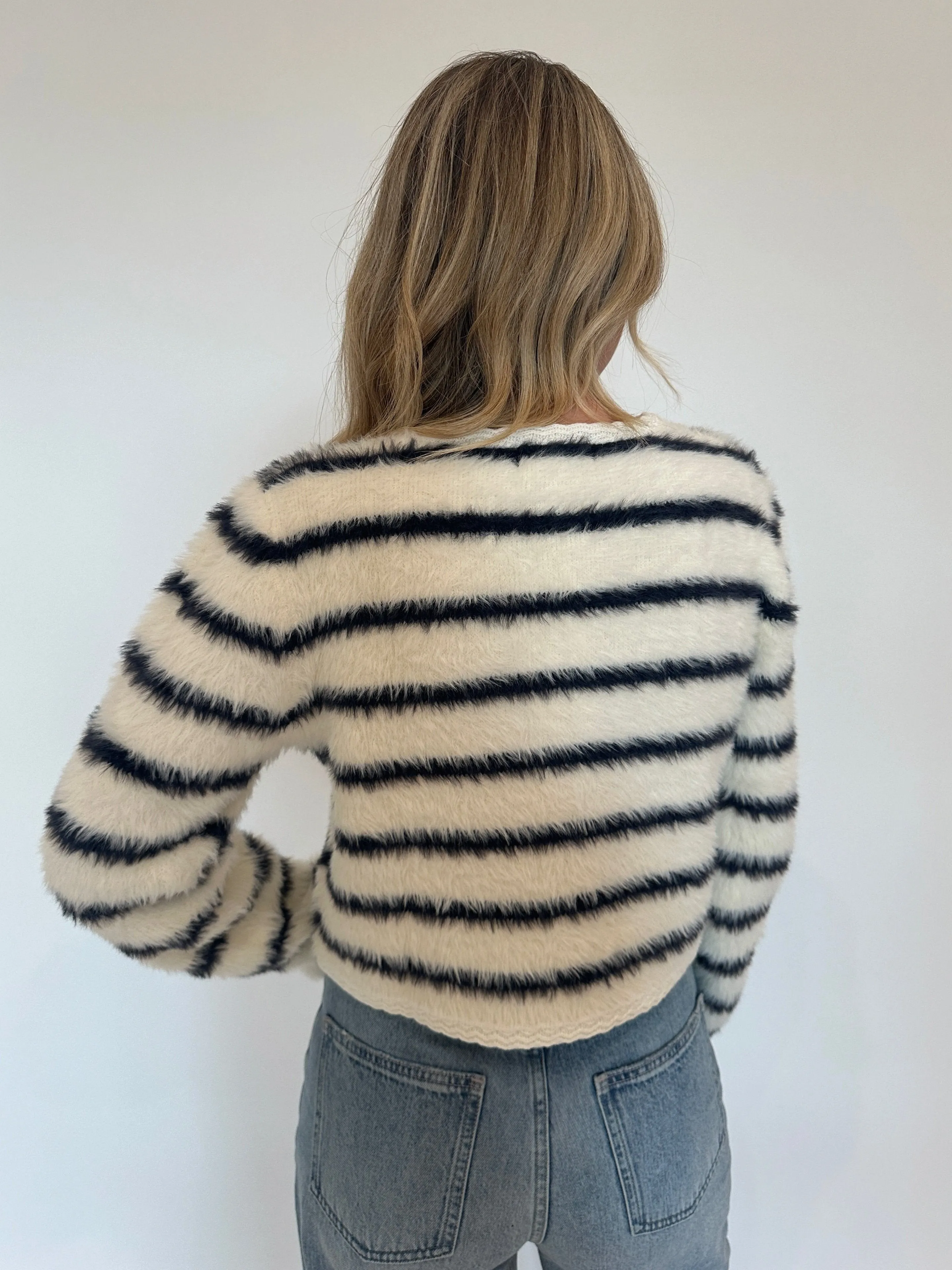 Fuzzy Striped Button Cardigan