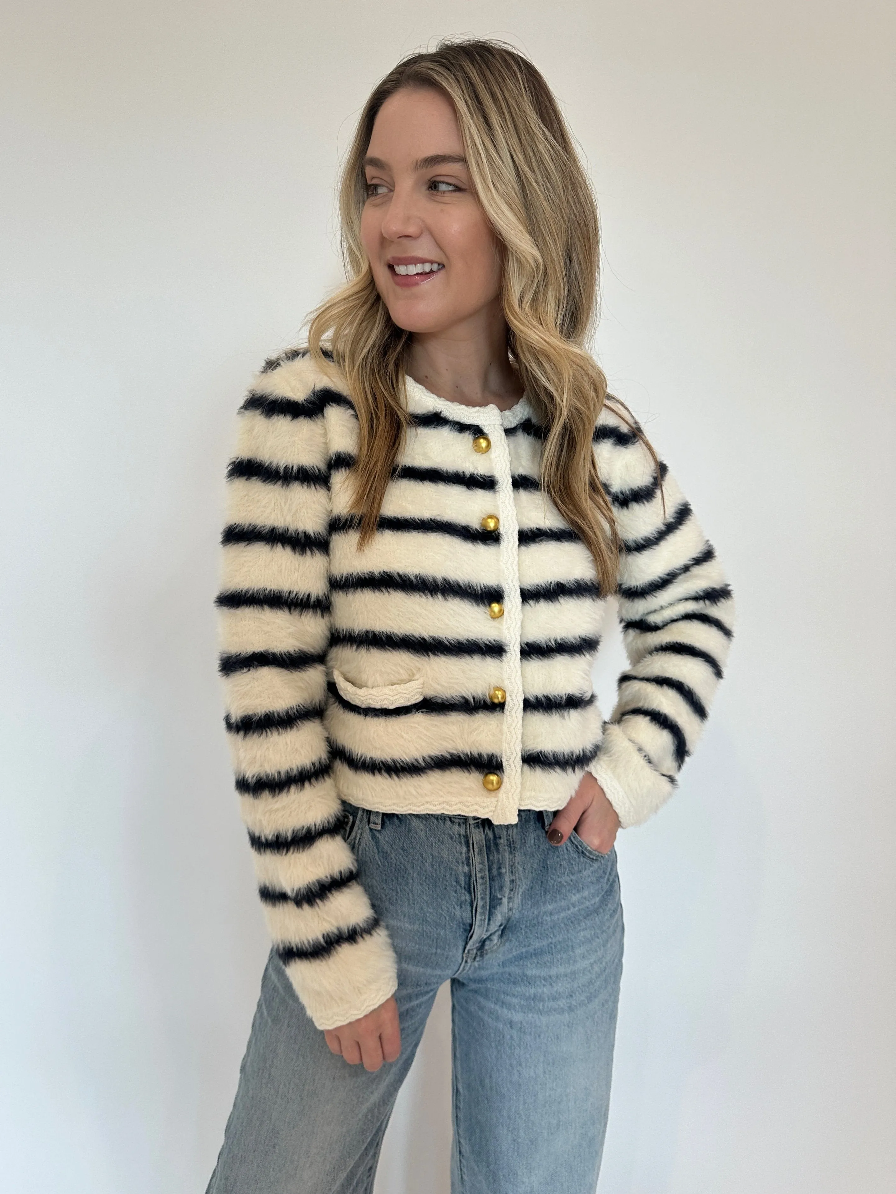 Fuzzy Striped Button Cardigan