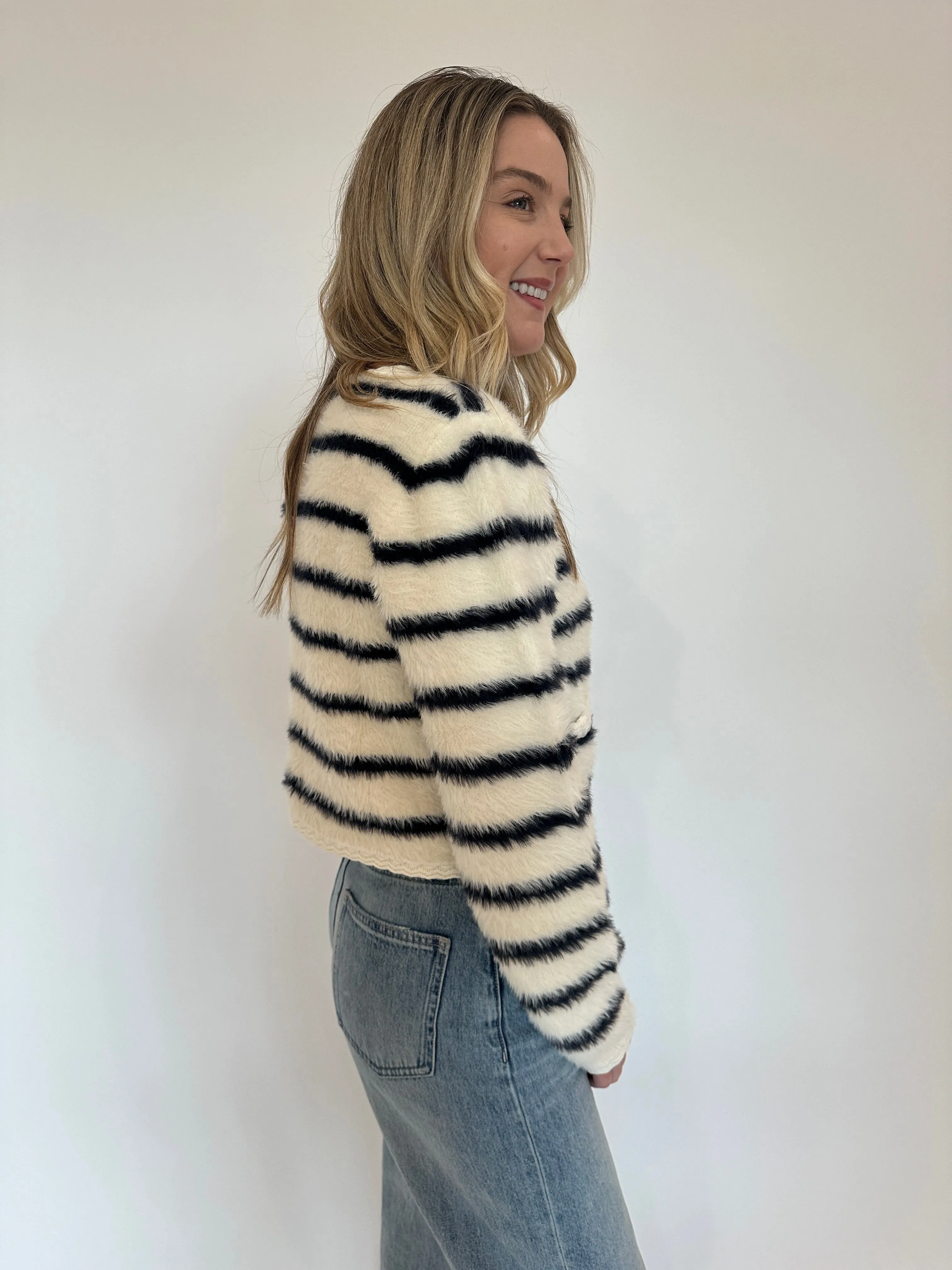 Fuzzy Striped Button Cardigan