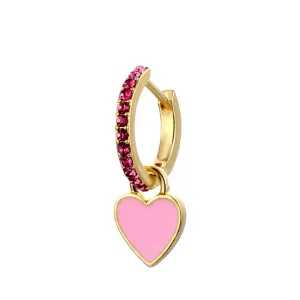 Gold Hoop Earring with Pink Heart Charm and Pink Crystals-jlt11639
