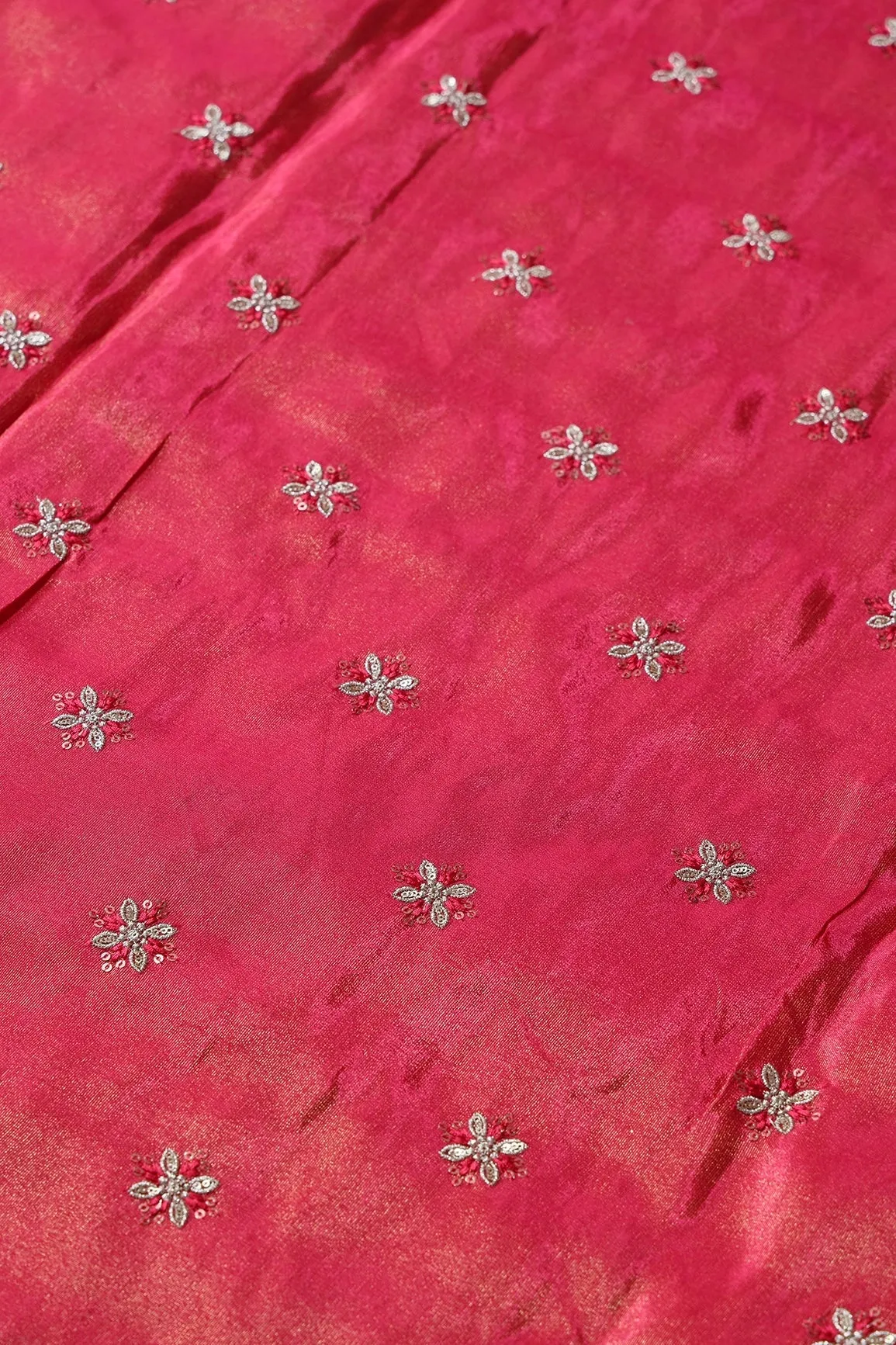 Gold Sequins And Zari Floral Booti Embroidery Work On Cerise Pink Pure Viscose Zari Tissue Fabric