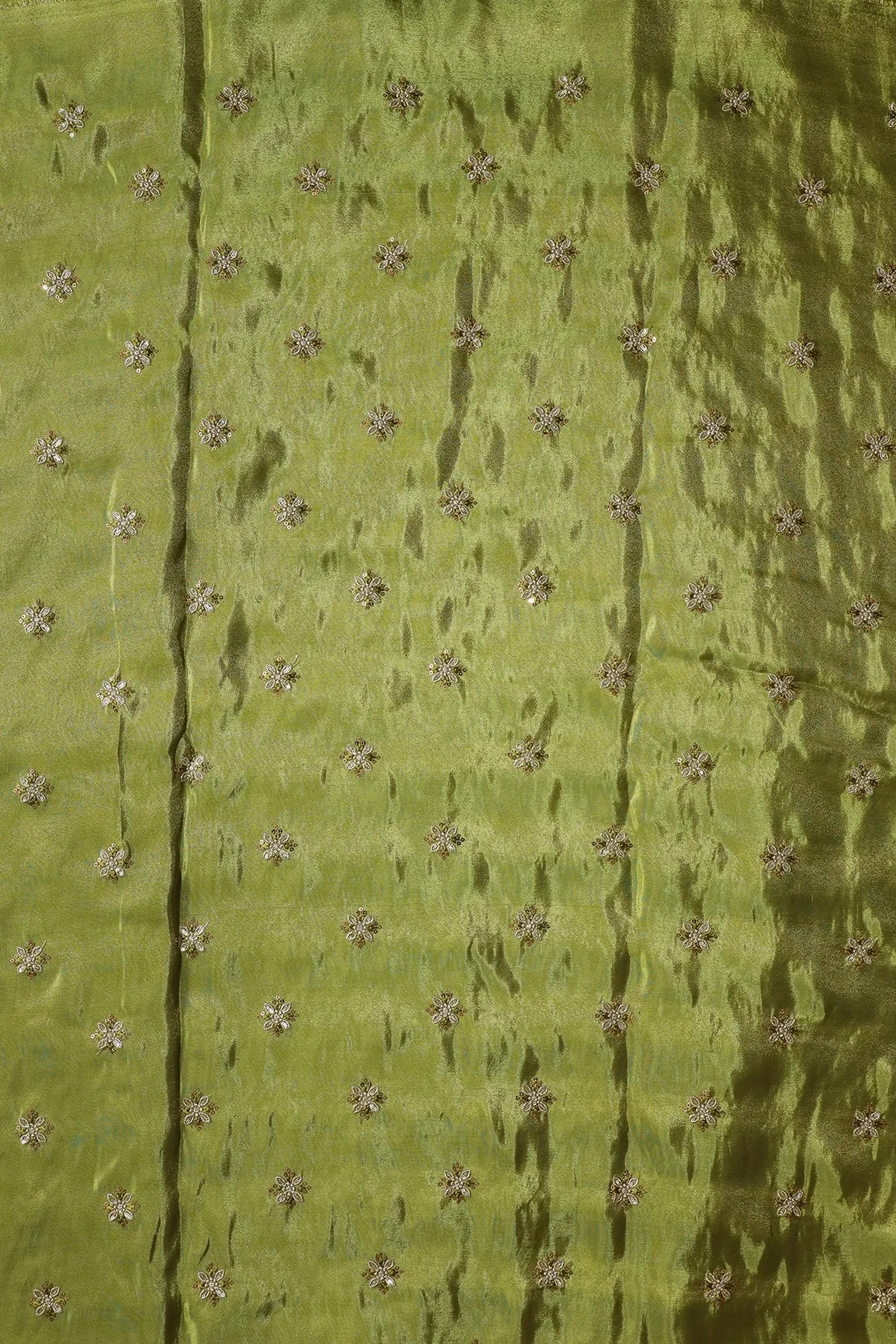 Gold Sequins And Zari Floral Booti Embroidery Work On Olive Green Pure Viscose Zari Tissue Fabric