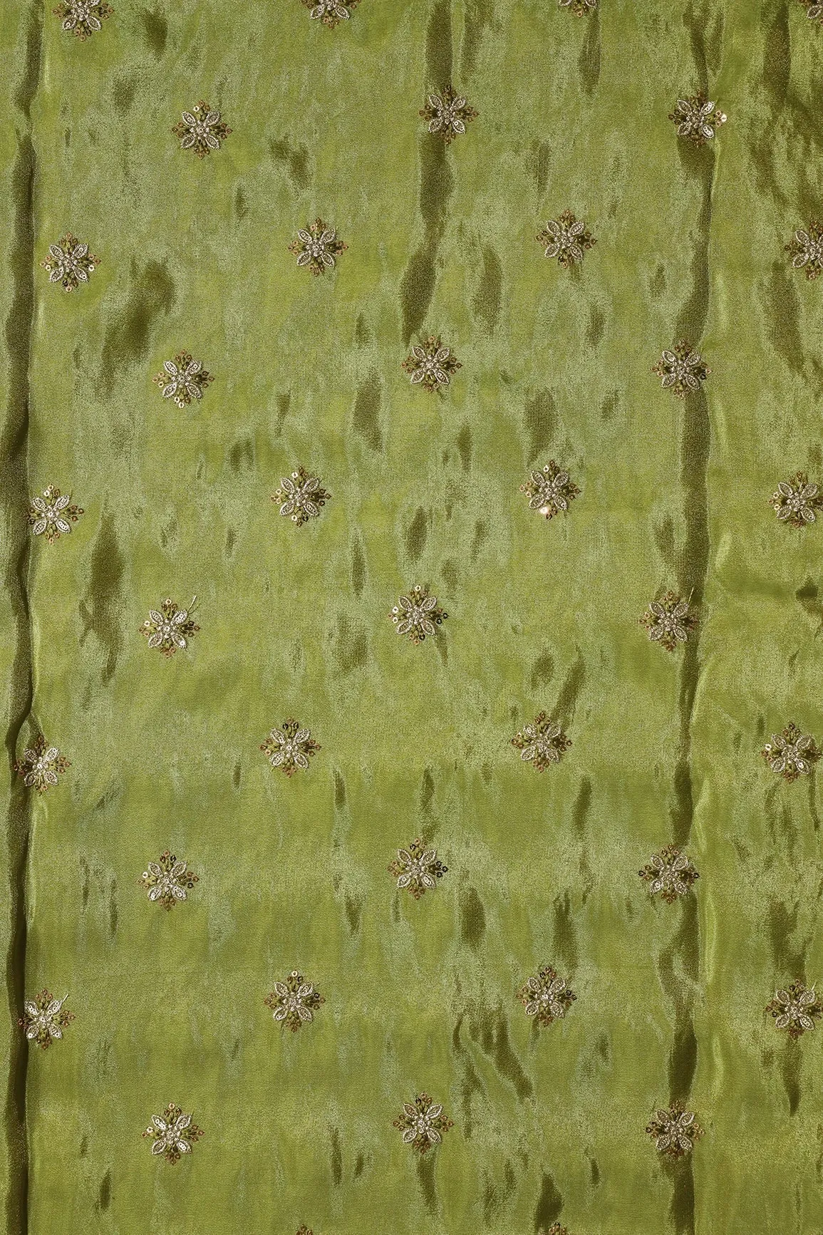 Gold Sequins And Zari Floral Booti Embroidery Work On Olive Green Pure Viscose Zari Tissue Fabric