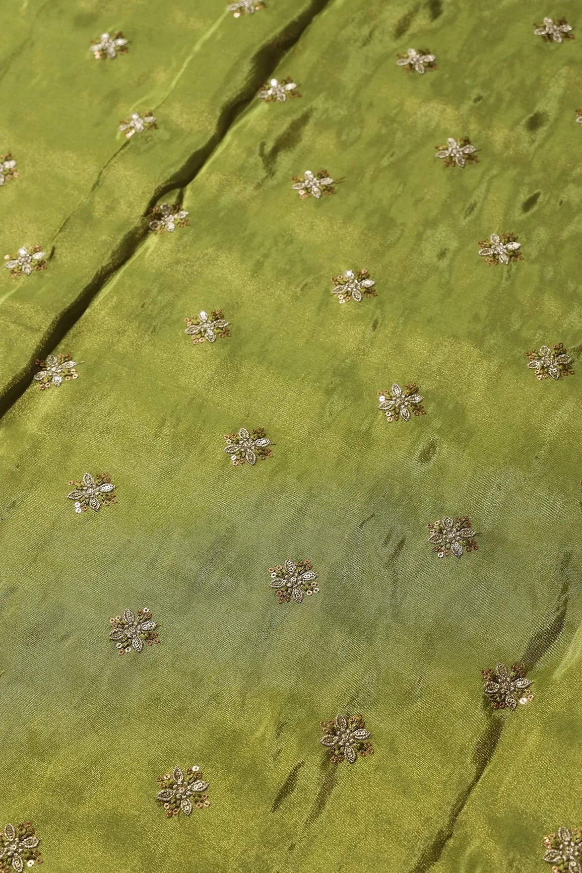 Gold Sequins And Zari Floral Booti Embroidery Work On Olive Green Pure Viscose Zari Tissue Fabric
