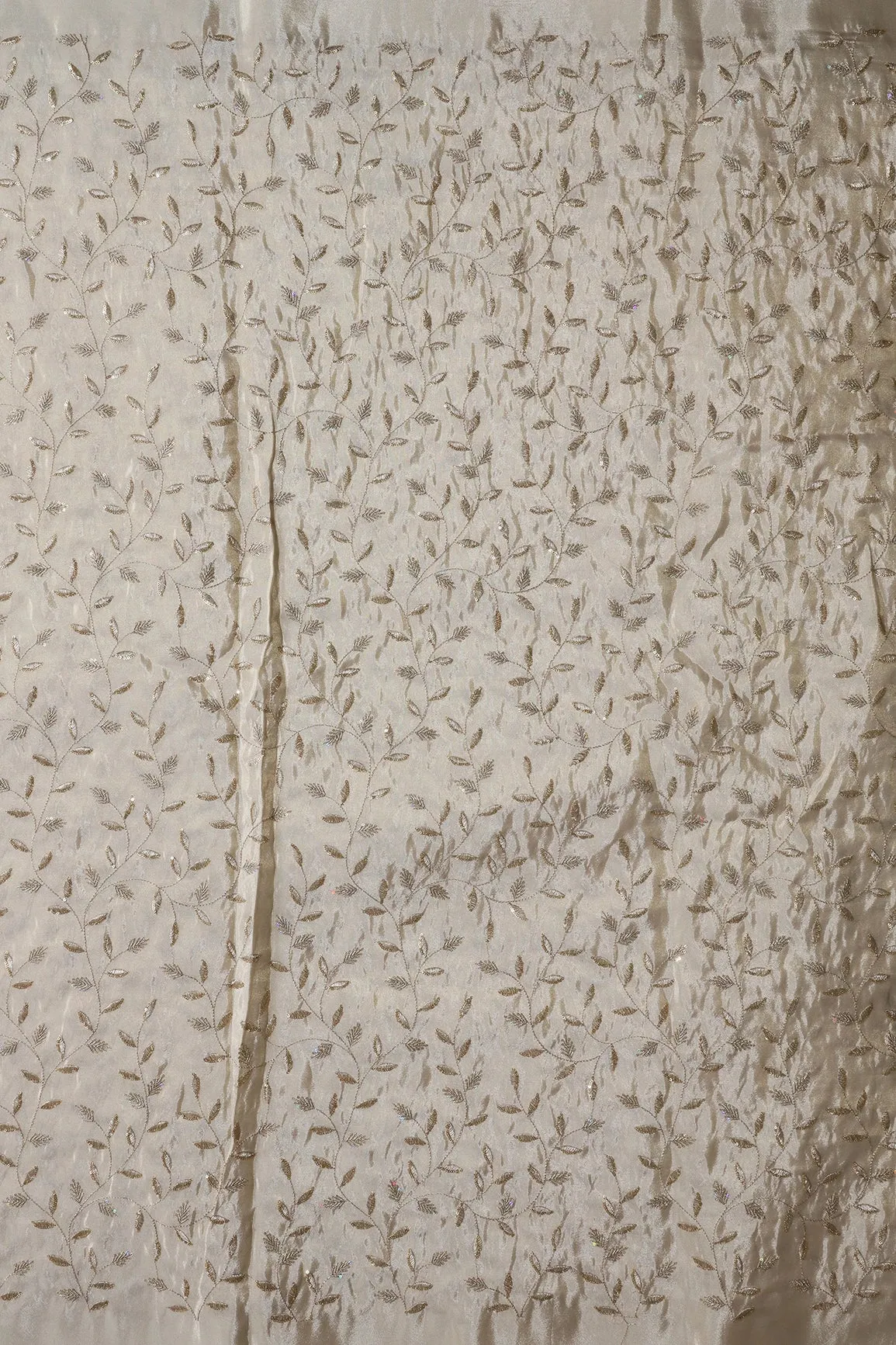 Gold Sequins And Zari Leafy Embroidery Work On Dyeable Pure Viscose Zari Tissue Fabric