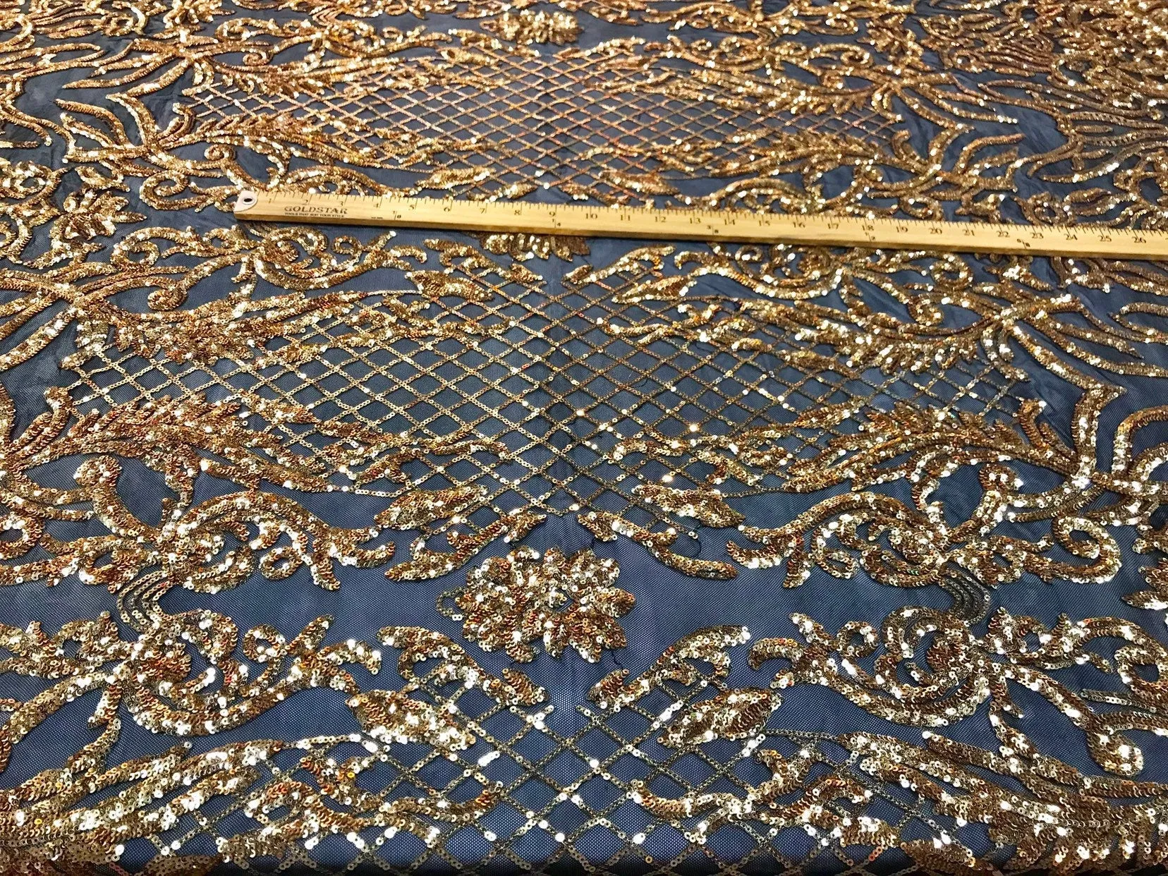 Gold shiny sequin damask design embroidery on a 4 way stretch black mesh-dresses-fashion-prom-nightgown-sd by the yard-free shipping.