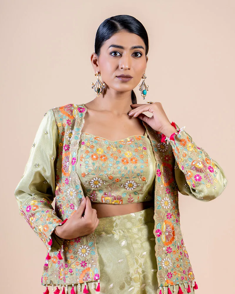 Green Palazzo with Floral Embroidered Crop Top and Jacket Set