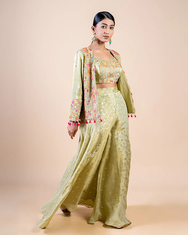 Green Palazzo with Floral Embroidered Crop Top and Jacket Set