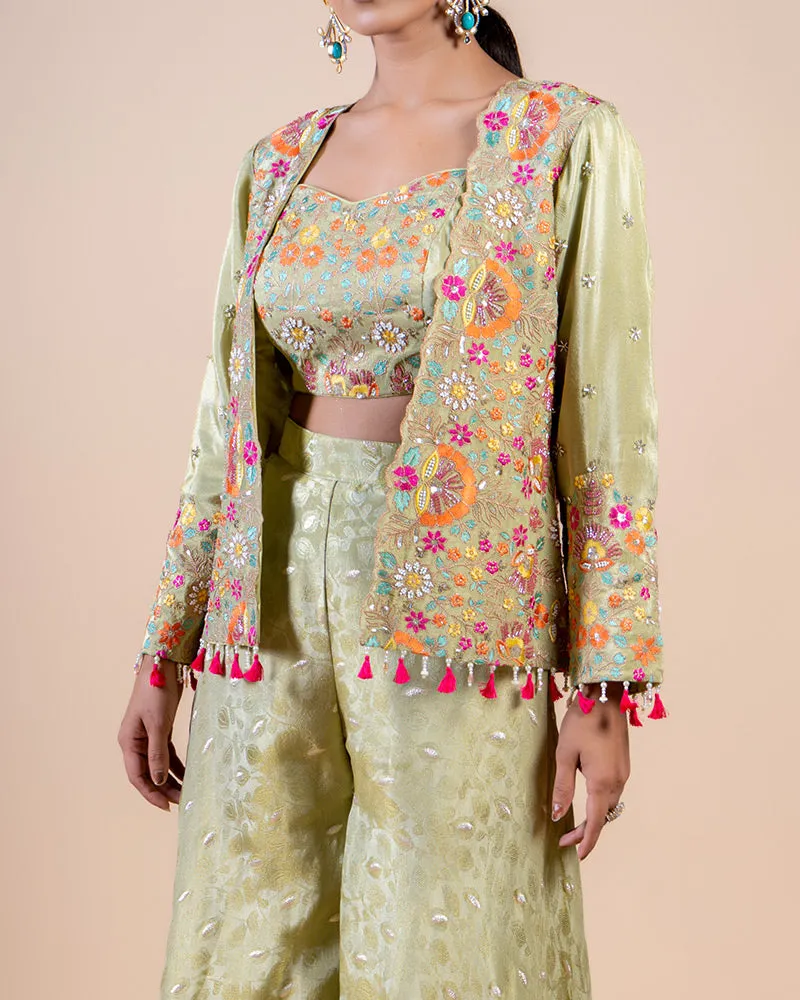 Green Palazzo with Floral Embroidered Crop Top and Jacket Set